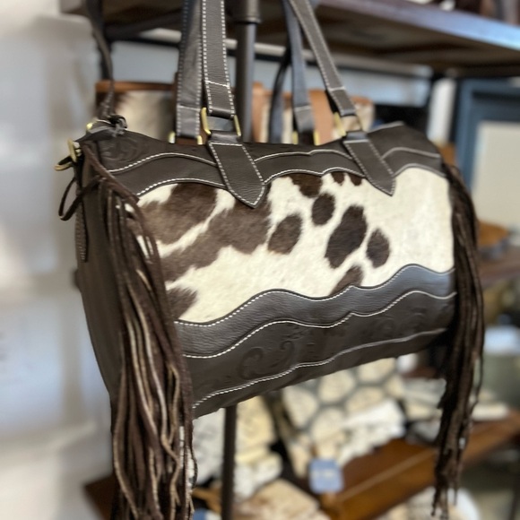 Unique New Western Genuine Embossed Leather Cowhide Fringe Tassel Bag Crossbody - Picture 11 of 12